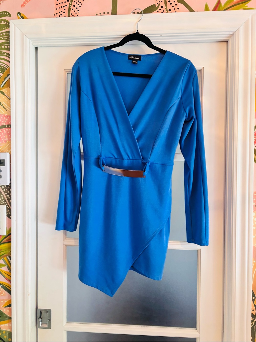 #107 Royal Blue Long-Sleeve Faux-Wrap Dress with Waist Accent